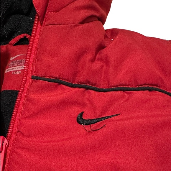 Nike Baby Infant Snowsuit Red Puffer Fleece‎ Lined Zip Detachable Mitts - Picture 4 of 5